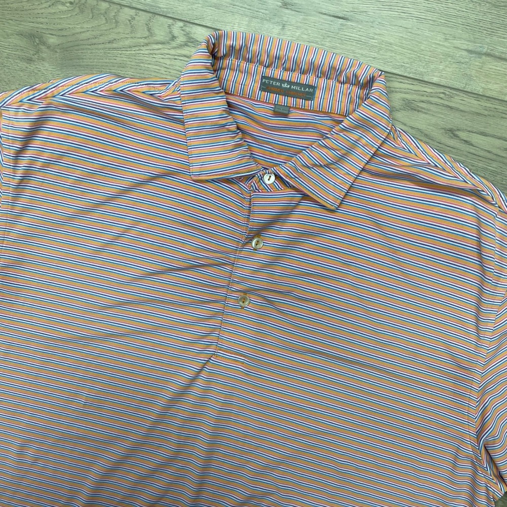 Peter Millar Polo Mens L Orange Striped Summer Comfort Broadmoor CC MS14EK27S
